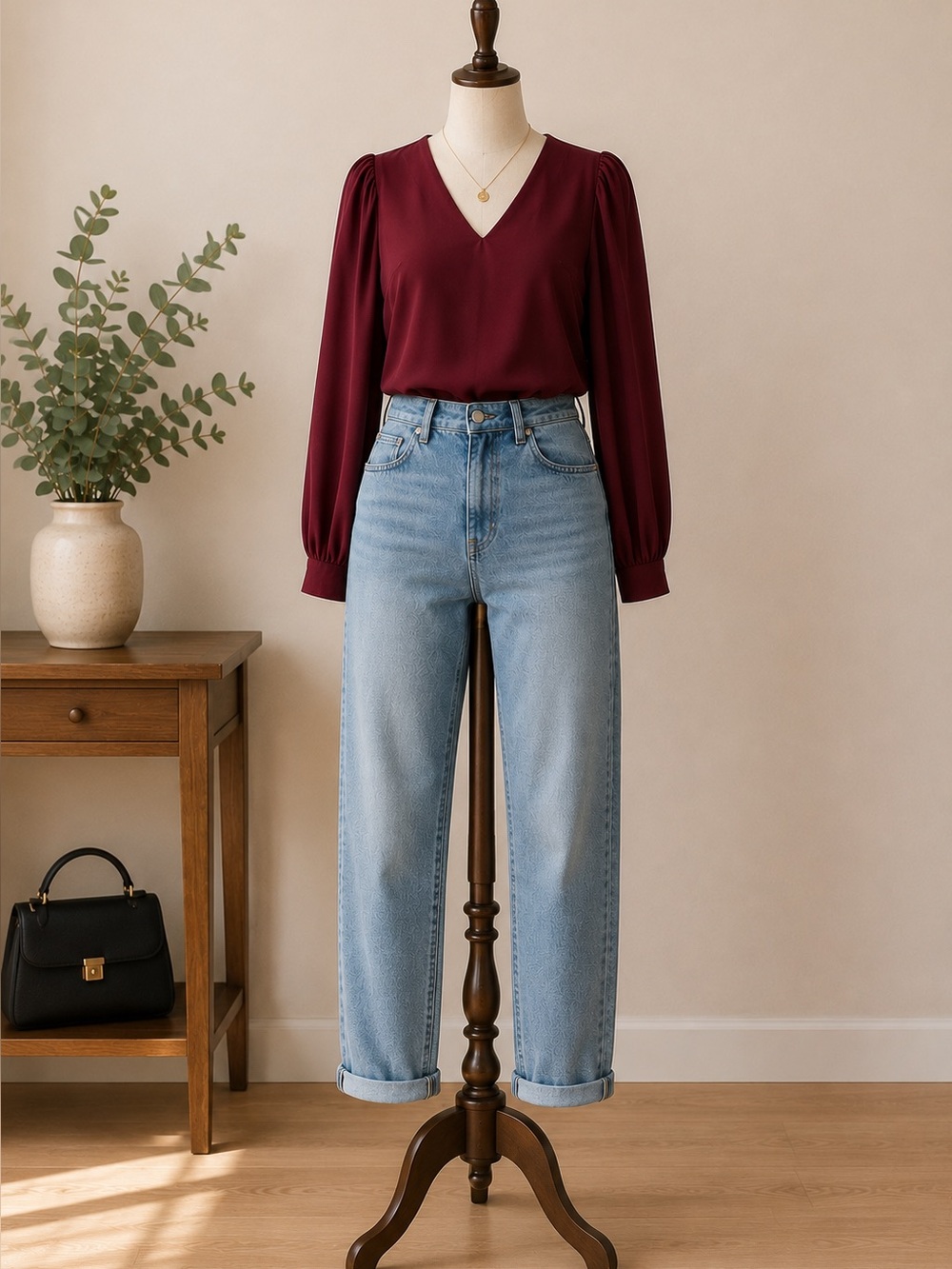 Marciano Guess Burgundy Sheer Puff Sleeve V-Neck Blouse Women's US 6 Elegant Top